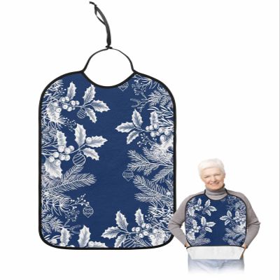 Adult Bibs for Elderly Women - Navy Blue Christmas Waterproof Dining Clothing Protectors with Crumb Catcher for Eating/Feeding, White Xmas Pine Needle Botanical Terry Cloth Bib Machine Washable
