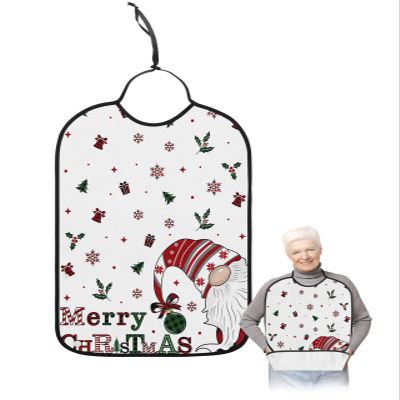 Adult Bibs for Elderly Women - Christmas Waterproof Dining Clothing Protectors with Crumb Catcher for Eating/Feeding, Xmas Gnomes Winter Snowflake Berry Botanical Terry Cloth Bib Machine Washable