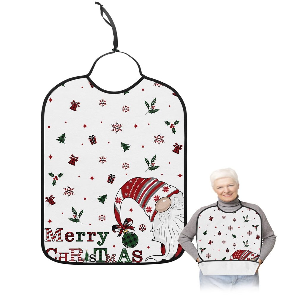 Adult Bibs for Elderly Women - Christmas Waterproof Dining Clothing Protectors with Crumb Catcher for Eating/Feeding, Xmas Gnomes Winter Snowflake Berry Botanical Terry Cloth Bib Machine Washable