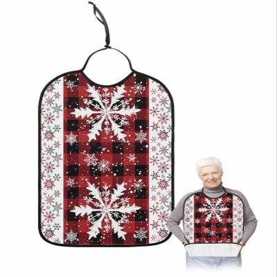 Adult Bibs for Elderly Women - Christmas Snowflake Waterproof Dining Clothing Protectors with Crumb Catcher for Eating/Feeding, Red Black Plaid Winter Snowflake Terry Cloth Bib Machine Washable