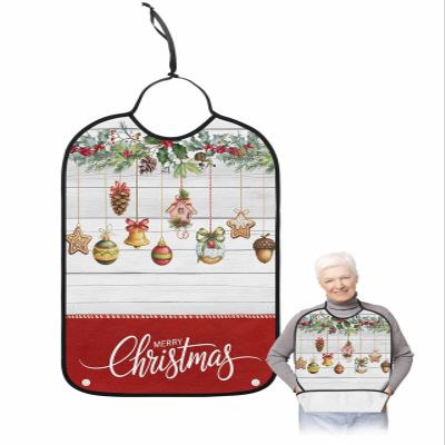Adult Bibs for Elderly Women - Merry Christmas Waterproof Dining Clothing Protectors with Crumb Catcher for Eating/Feeding, Xmas Balls Pine Cones Berry Botanical Terry Cloth Bib Machine Washable