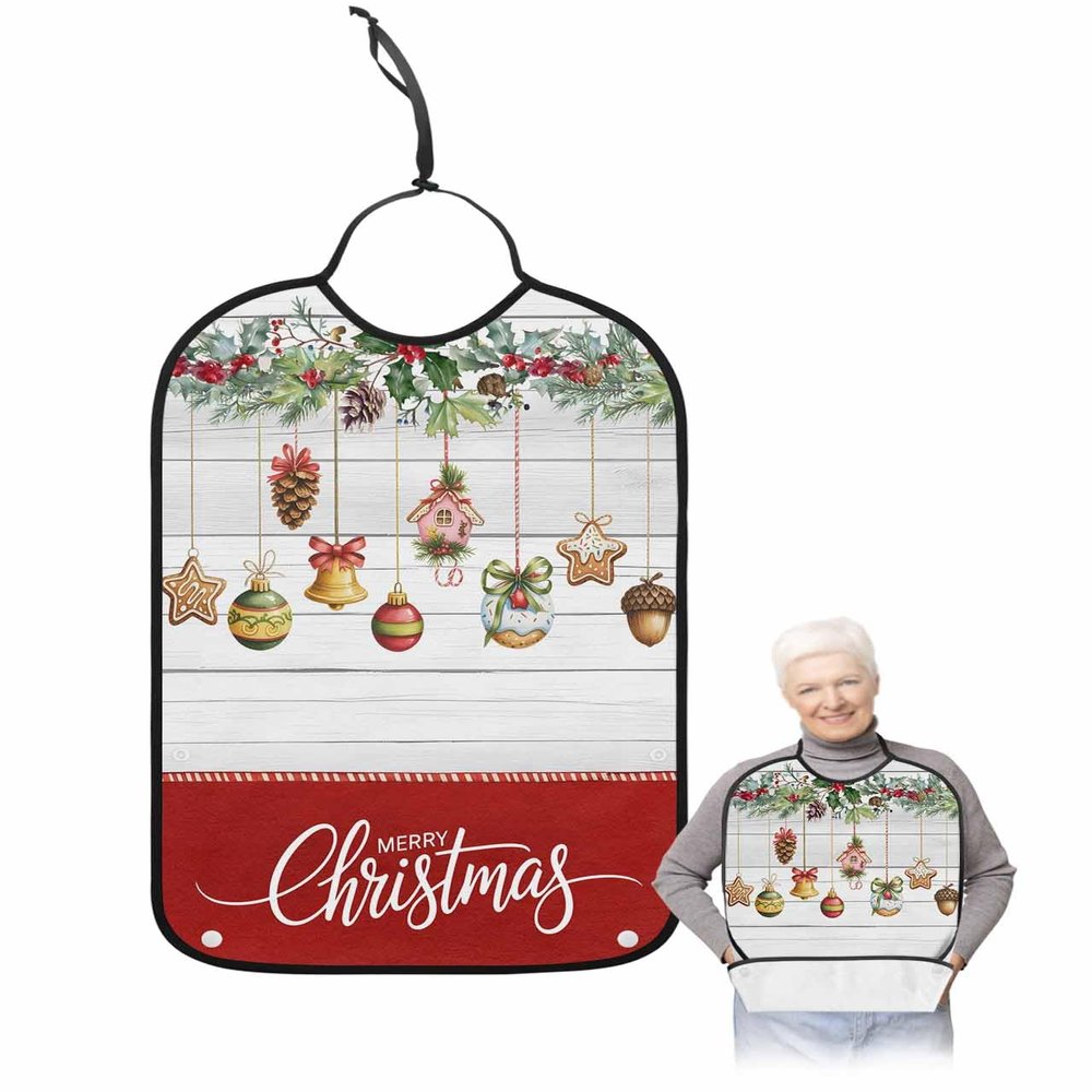 Adult Bibs for Elderly Women - Merry Christmas Waterproof Dining Clothing Protectors with Crumb Catcher for Eating/Feeding, Xmas Balls Pine Cones Berry Botanical Terry Cloth Bib Machine Washable