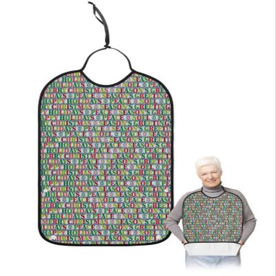 Kewadony Adult Bibs for Elderly Women - Christmas Waterproof Dining Clothing Protectors with Crumb Catcher for Eating/Feeding, Xmas Winter Snowflake Green Red Words Terry Cloth Bib Machine Washable