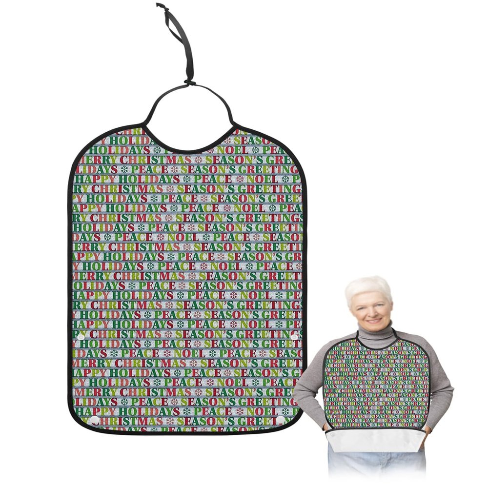 Kewadony Adult Bibs for Elderly Women - Christmas Waterproof Dining Clothing Protectors with Crumb Catcher for Eating/Feeding, Xmas Winter Snowflake Green Red Words Terry Cloth Bib Machine Washable