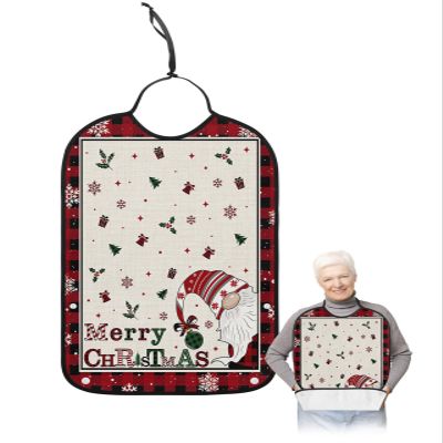 Adult Bibs for Elderly Women - Christmas Waterproof Dining Clothing Protectors with Crumb Catcher for Eating/Feeding, Red Black Plaid Gnomes Xmas Tree Snowflake Berry Terry Cloth Bib Machine Washable