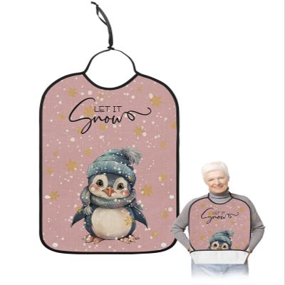 Adult Bibs for Elderly Women - Pink Penguins Christmas Waterproof Dining Clothing Protectors with Crumb Catcher for Eating/Feeding, Xmas Winter Snowflake Let Snow Terry Cloth Bib Machine Washable