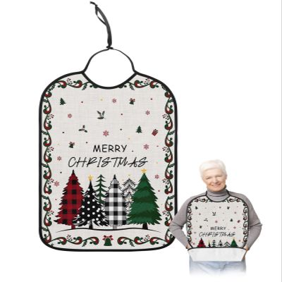 Adult Bibs for Elderly Women - Christmas Tree Waterproof Dining Clothing Protectors with Crumb Catcher for Eating/Feeding, Xmas Gifts Balls Winter Snowflake Rustic Terry Cloth Bib Machine Washable
