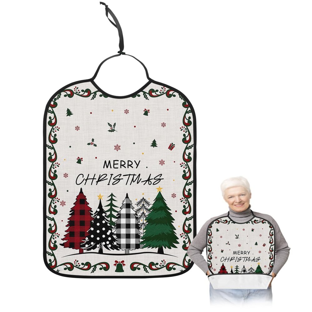 Adult Bibs for Elderly Women - Christmas Tree Waterproof Dining Clothing Protectors with Crumb Catcher for Eating/Feeding, Xmas Gifts Balls Winter Snowflake Rustic Terry Cloth Bib Machine Washable
