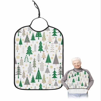 Adult Bibs for Elderly Women - Green Grey Christmas Tree Waterproof Dining Clothing Protectors with Crumb Catcher for Eating/Feeding, Xmas Tree Winter Snowflake Terry Cloth Bib Machine Washable