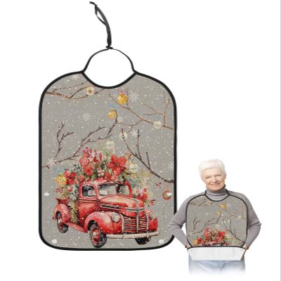 Adult Bibs for Elderly Women - Grey Truck Christmas Waterproof Dining Clothing Protectors with Crumb Catcher for Eating/Feeding, Xmas Balls Poinsettia Botanical Rustic Terry Cloth Bib Machine Washable