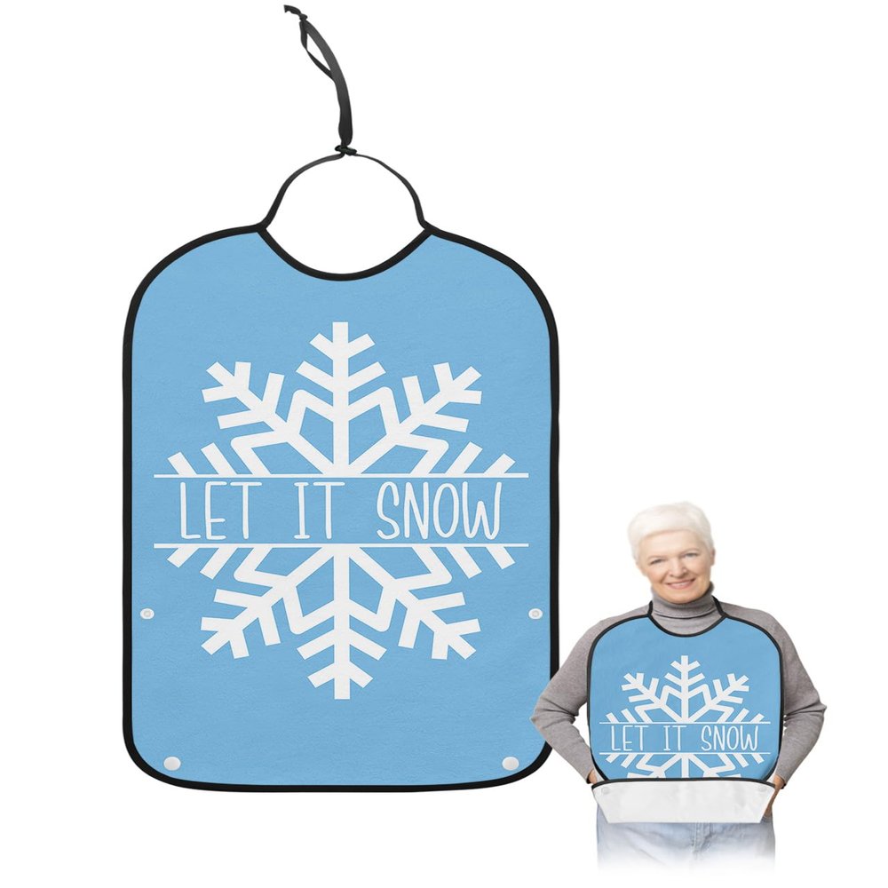 Kewadony Adult Bibs for Elderly Women - Blue Snowflake Christmas Waterproof Dining Clothing Protectors with Crumb Catcher for Eating/Feeding, Hello Winter Snowflake Terry Cloth Bib Machine Washable