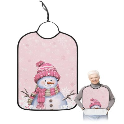Kewadony Adult Bibs for Elderly Women - Pink Snowman Christmas Waterproof Dining Clothing Protectors with Crumb Catcher for Eating/Feeding, Xmas Winter Snowflake Terry Cloth Bib Machine Washable
