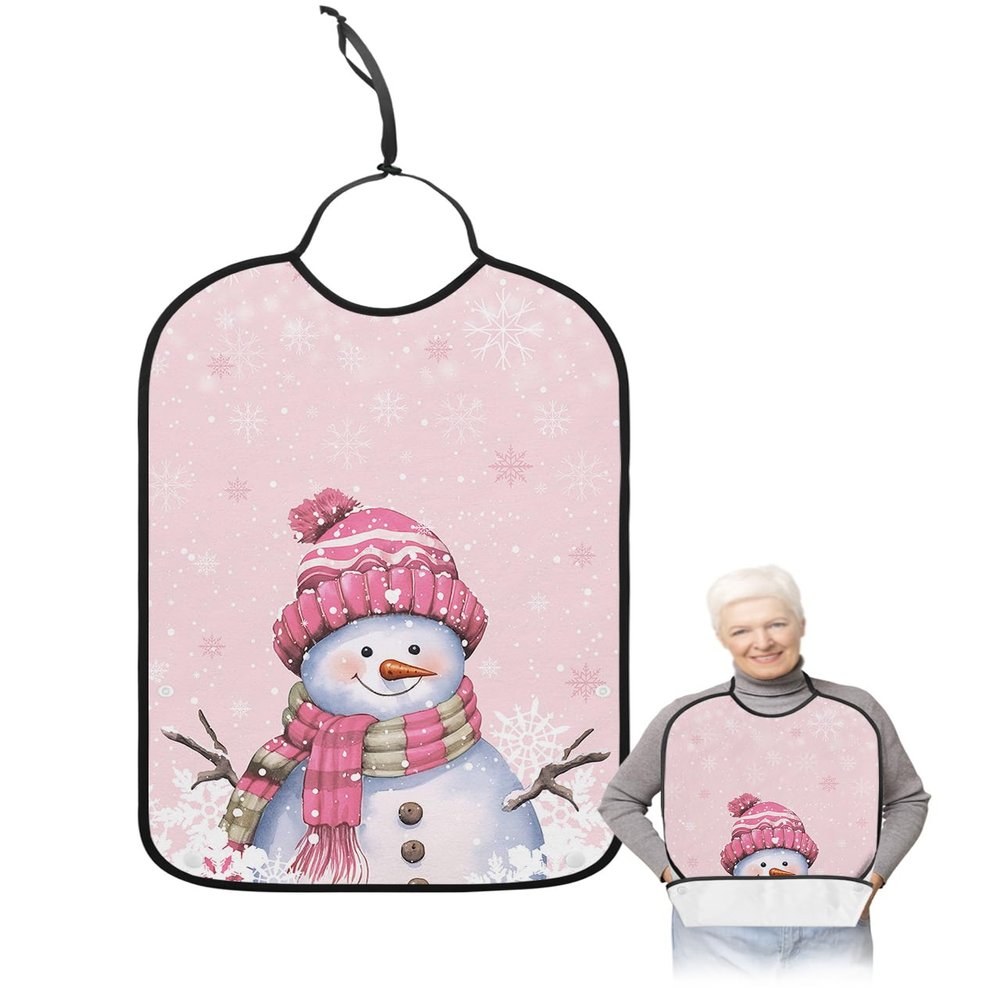 Kewadony Adult Bibs for Elderly Women - Pink Snowman Christmas Waterproof Dining Clothing Protectors with Crumb Catcher for Eating/Feeding, Xmas Winter Snowflake Terry Cloth Bib Machine Washable