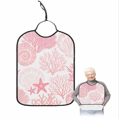 Kewadony Adult Bibs for Elderly Women - Pink Coral Waterproof Dining Clothing Protectors with Crumb Catcher for Eating/Feeding, Coastal Seaside Nautical Starfish Terry Cloth Bib Machine Washable