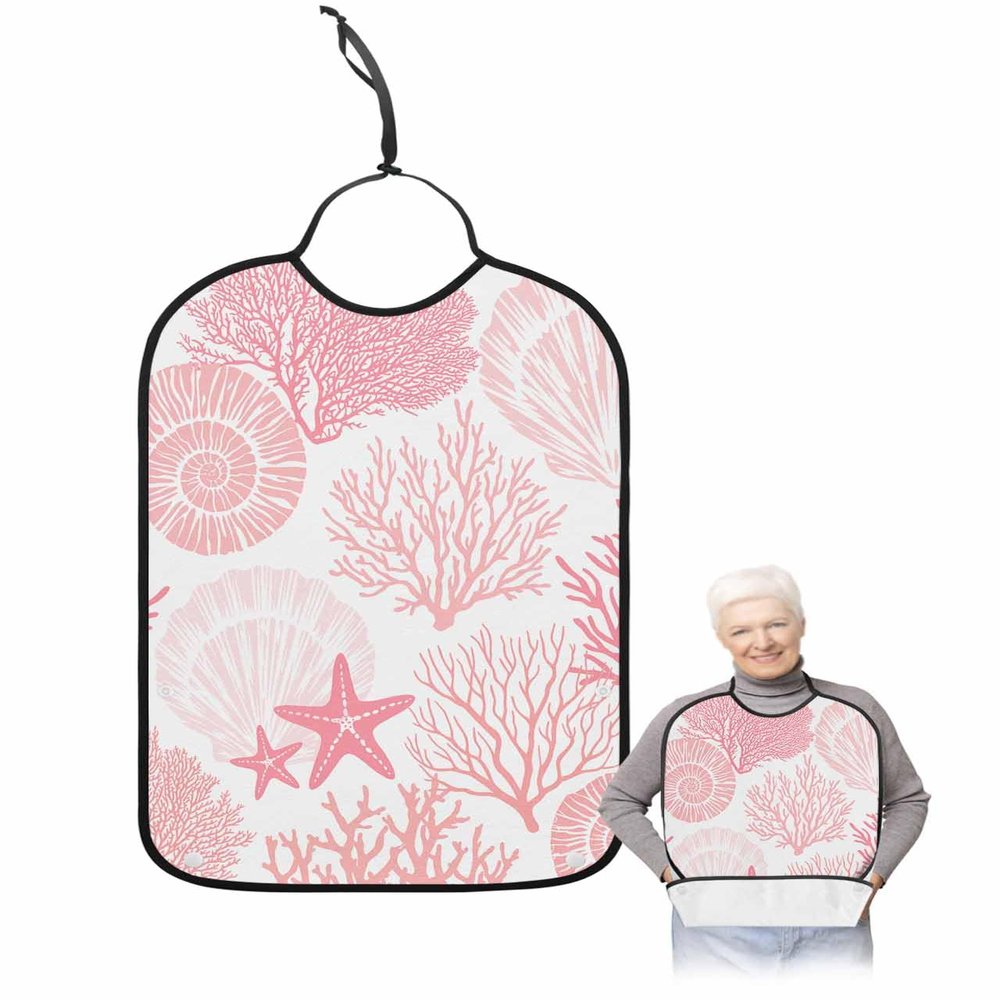 Kewadony Adult Bibs for Elderly Women - Pink Coral Waterproof Dining Clothing Protectors with Crumb Catcher for Eating/Feeding, Coastal Seaside Nautical Starfish Terry Cloth Bib Machine Washable