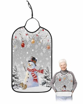 Adult Bibs for Elderly Women - Grey Snowman Christmas Waterproof Dining Clothing Protectors with Crumb Catcher for Eating/Feeding, Xmas Tree Balls Winter Snowflake Terry Cloth Bib Machine Washable