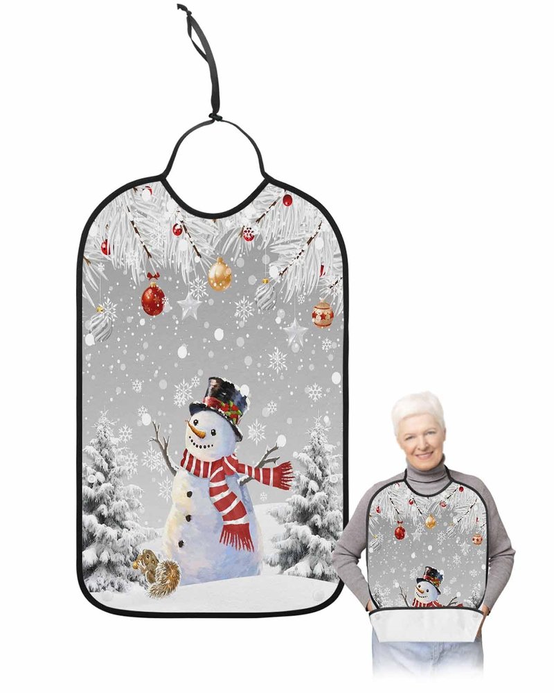 Adult Bibs for Elderly Women - Grey Snowman Christmas Waterproof Dining Clothing Protectors with Crumb Catcher for Eating/Feeding, Xmas Tree Balls Winter Snowflake Terry Cloth Bib Machine Washable