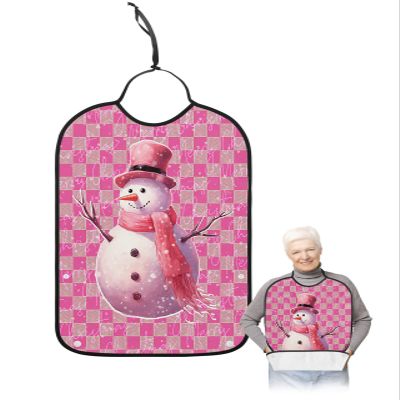 Kewadony Adult Bibs for Elderly Women - Pink Snowman Christmas Waterproof Dining Clothing Protectors with Crumb Catcher for Eating/Feeding, Xmas Merry Christmas Terry Cloth Bib Machine Washable