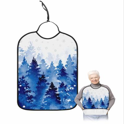 Adult Bibs for Elderly Women - Blue Christmas Tree Waterproof Dining Clothing Protectors with Crumb Catcher for Eating/Feeding, Xmas Tree Forest Grey Winter Snowflake Terry Cloth Bib Machine Washable