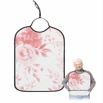 Adult Bibs for Elderly Women - Pink Botanical Waterproof Dining Clothing Protectors with Crumb Catcher for Eating/Feeding, Watercolor Pink Spring Floral Abstract Art Terry Cloth Bib Machine Washable