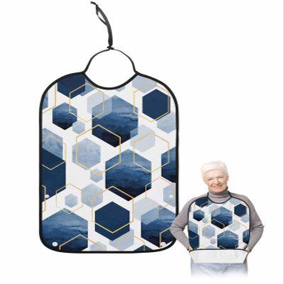 Adult Bibs for Elderly Women - Blue Geometric Waterproof Dining Clothing Protectors with Crumb Catcher for Eating/Feeding, Yellow Modern Abstract Art Aesthetics Terry Cloth Bib Machine Washable