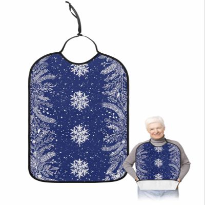 Adult Bibs for Elderly Women - Christmas Snowflake Waterproof Dining Clothing Protectors with Crumb Catcher for Eating/Feeding, Navy Blue Winter Snowflake Botanical Terry Cloth Bib Machine Washable