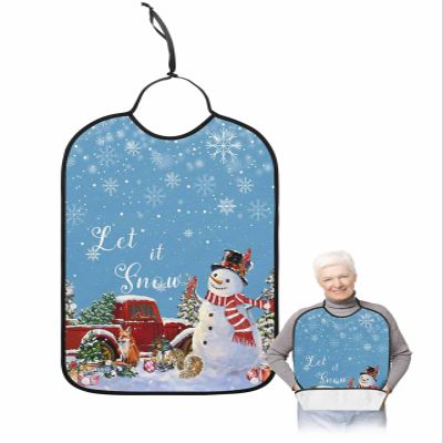 Adult Bibs for Elderly Women - Blue Snowman Christmas Waterproof Dining Clothing Protectors with Crumb Catcher for Eating/Feeding, Winter Xmas Tree Truck Snowflake Terry Cloth Bib Machine Washable