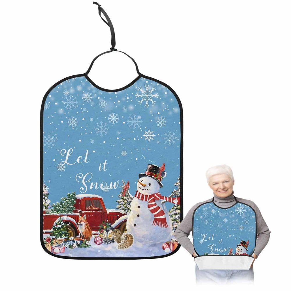 Adult Bibs for Elderly Women - Blue Snowman Christmas Waterproof Dining Clothing Protectors with Crumb Catcher for Eating/Feeding, Winter Xmas Tree Truck Snowflake Terry Cloth Bib Machine Washable