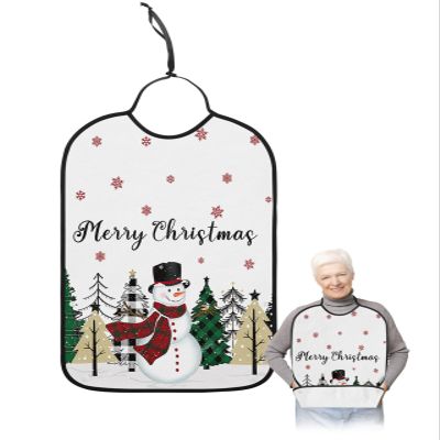 Adult Bibs for Elderly Women - Merry Christmas Waterproof Dining Clothing Protectors with Crumb Catcher for Eating/Feeding, Winter Snowman Xmas Tree Snowflake Terry Cloth Bib Machine Washable