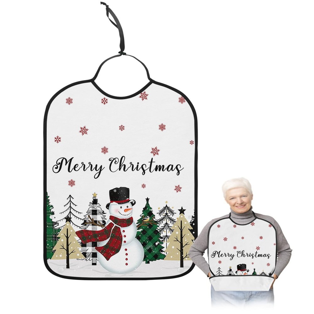 Adult Bibs for Elderly Women - Merry Christmas Waterproof Dining Clothing Protectors with Crumb Catcher for Eating/Feeding, Winter Snowman Xmas Tree Snowflake Terry Cloth Bib Machine Washable