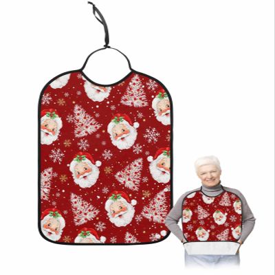 Adult Bibs for Elderly Women - Red Santa Christmas Waterproof Dining Clothing Protectors with Crumb Catcher for Eating/Feeding, Red Xmas Tree Winter Snowflake Terry Cloth Bib Machine Washable