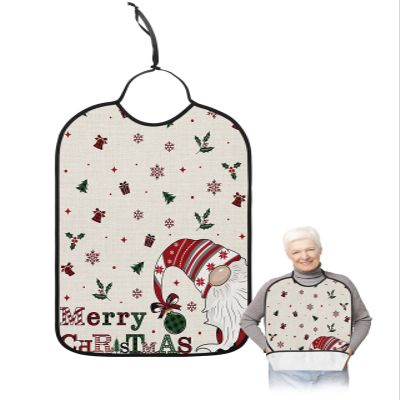 Adult Bibs for Elderly Women - Christmas Waterproof Dining Clothing Protectors with Crumb Catcher for Eating/Feeding, Xmas Gnomes Winter Snowflake Berry Botanical Rustic Terry Cloth Bib Washable