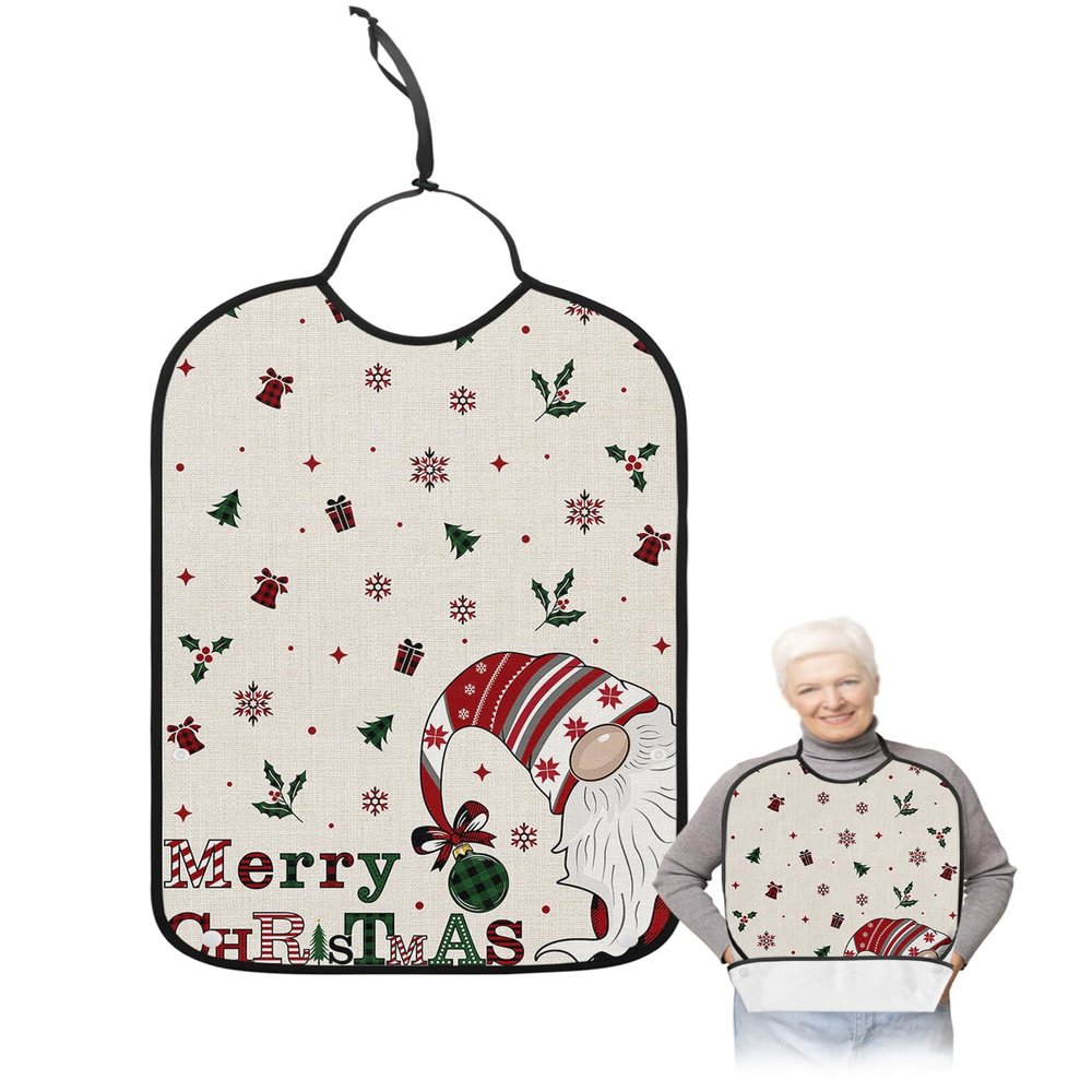 Adult Bibs for Elderly Women - Christmas Waterproof Dining Clothing Protectors with Crumb Catcher for Eating/Feeding, Xmas Gnomes Winter Snowflake Berry Botanical Rustic Terry Cloth Bib Washable