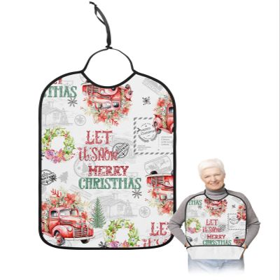 Adult Bibs for Elderly Women - Red Truck Christmas Waterproof Dining Clothing Protectors with Crumb Catcher for Eating/Feeding, Xmas Tree Botanical Wreath Retro Terry Cloth Bib Machine Washable