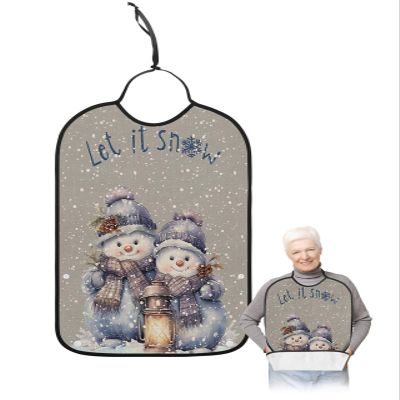 Adult Bibs for Elderly Women - Christmas Snowman Waterproof Dining Clothing Protectors with Crumb Catcher for Eating/Feeding, Winter Snowflake Grey Rustic Burlap Terry Cloth Bib Machine Washable