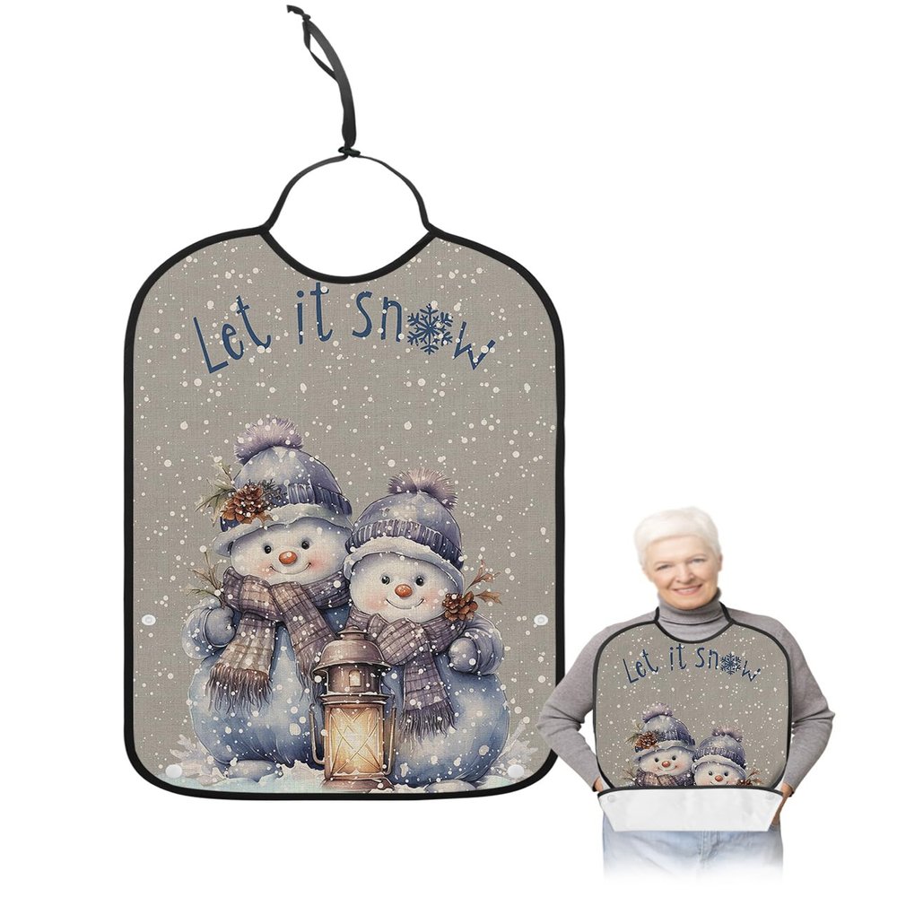 Adult Bibs for Elderly Women - Christmas Snowman Waterproof Dining Clothing Protectors with Crumb Catcher for Eating/Feeding, Winter Snowflake Grey Rustic Burlap Terry Cloth Bib Machine Washable