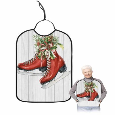 Adult Bibs for Elderly Women - Christmas Waterproof Dining Clothing Protectors with Crumb Catcher for Eating/Feeding, Vintage Wooden Xmas Pink Cones Botanical Terry Cloth Bib Machine Washable