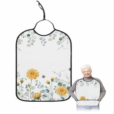 Adult Bibs for Elderly Women - Yellow Floral Waterproof Dining Clothing Protectors with Crumb Catcher for Eating/Feeding, Pastoral Eucalyptus Leaves Botanical Summer Bee Terry Cloth Bib Washable