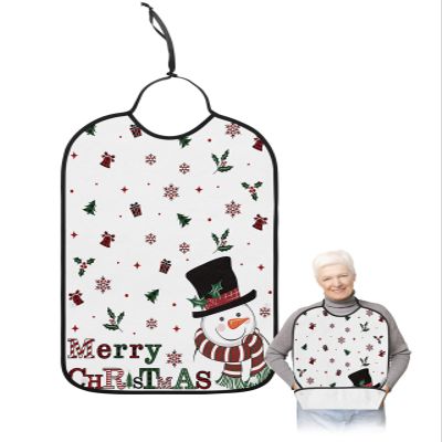 Adult Bibs for Elderly Women - Christmas Waterproof Dining Clothing Protectors with Crumb Catcher for Eating/Feeding, White Snowman Xmas Winter Snowflake Berry Terry Cloth Bib Machine Washable