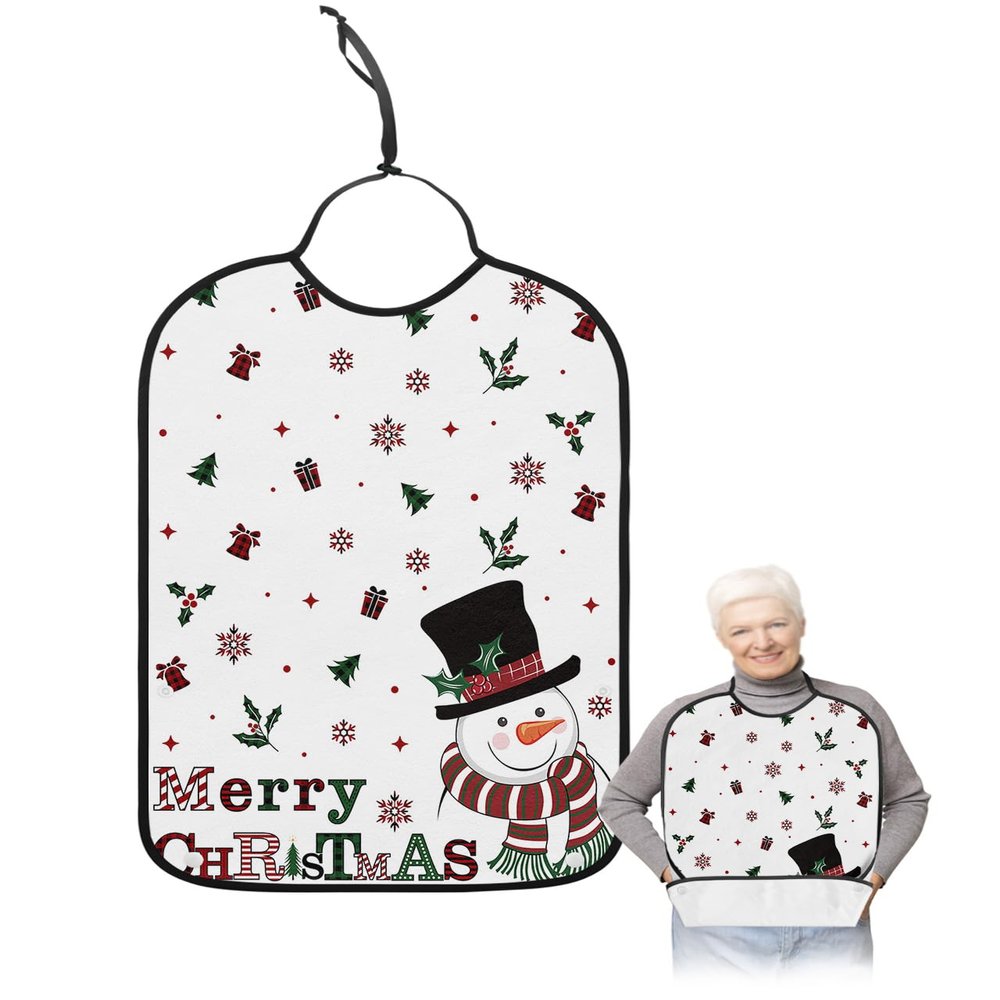 Adult Bibs for Elderly Women - Christmas Waterproof Dining Clothing Protectors with Crumb Catcher for Eating/Feeding, White Snowman Xmas Winter Snowflake Berry Terry Cloth Bib Machine Washable