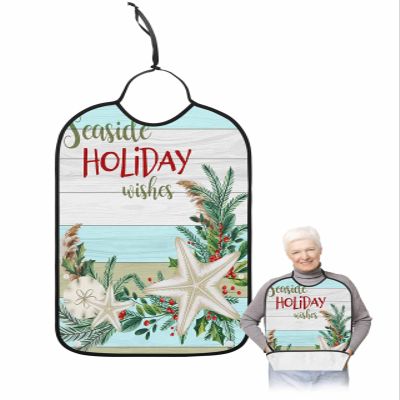 Adult Bibs for Elderly Women - Coastal Christmas Waterproof Dining Clothing Protectors with Crumb Catcher for Eating/Feeding, Seaside Holiday Wishes Xmas Beach Starfish Terry Cloth Bib Washable
