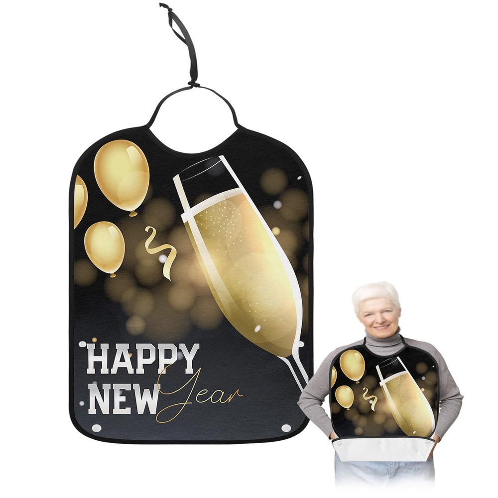 Kewadony Adult Bibs for Elderly Women - Happy New Year Waterproof Dining Clothing Protectors with Crumb Catcher for Eating/Feeding, Yellow Champagne Balloon Ribbon Terry Cloth Bib Machine Washable