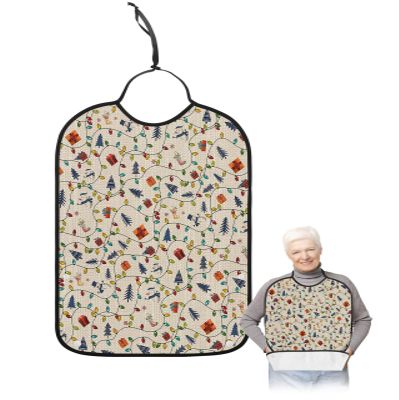 Adult Bibs for Elderly Women - Christmas Waterproof Dining Clothing Protectors with Crumb Catcher for Eating/Feeding, Colorful Lights Xmas Tree Snowman Snowflake Rustic Terry Cloth Bib Washable