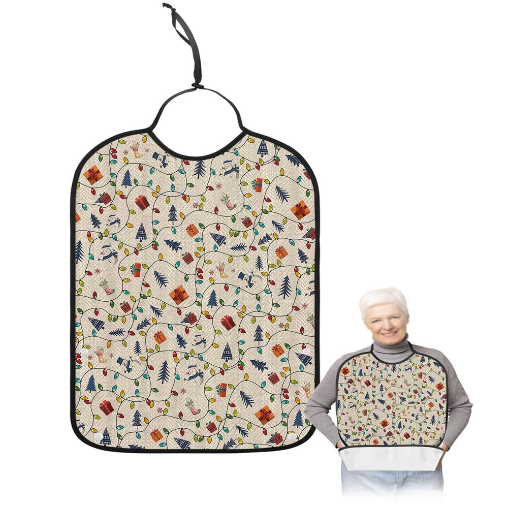 Adult Bibs for Elderly Women - Christmas Waterproof Dining Clothing Protectors with Crumb Catcher for Eating/Feeding, Colorful Lights Xmas Tree Snowman Snowflake Rustic Terry Cloth Bib Washable
