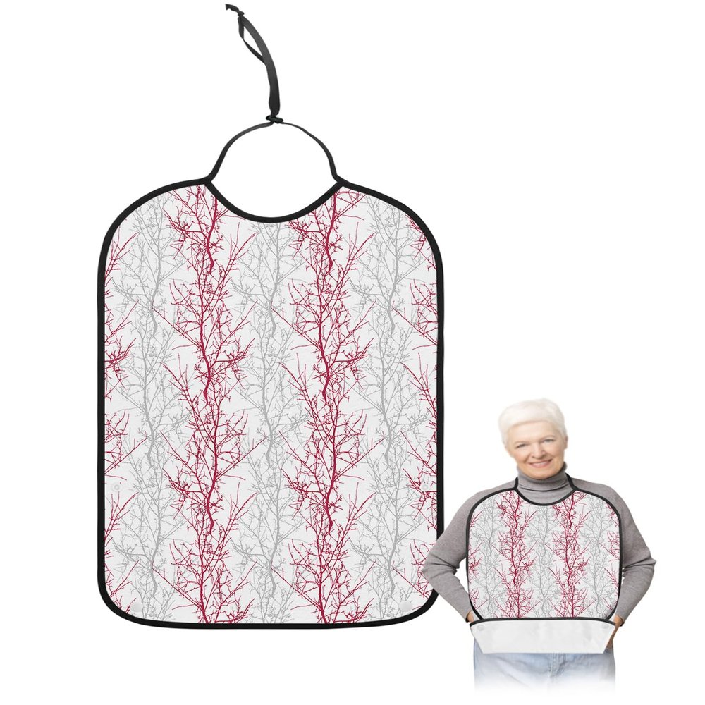 Kewadony Adult Bibs for Elderly Women - Red Grey Branch Waterproof Dining Clothing Protectors with Crumb Catcher for Eating/Feeding, Spring Summer Pastoral Botanical Terry Cloth Bib Machine Washable
