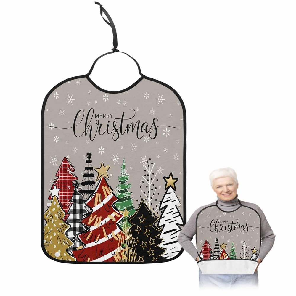 Adult Bibs for Elderly Women - Grey Christmas Tree Waterproof Dining Clothing Protectors with Crumb Catcher for Eating/Feeding, Red Green Beige Xmas Tree Snowflake Terry Cloth Bib Machine Washable