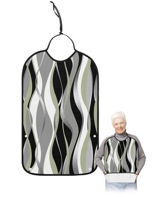 Adult Bibs for Elderly Women - Teal Black Grey Waterproof Dining Clothing Protectors with Crumb Catcher for Eating/Feeding, Modern Moire Geometric Abstract Art Terry Cloth Bib Machine Washable