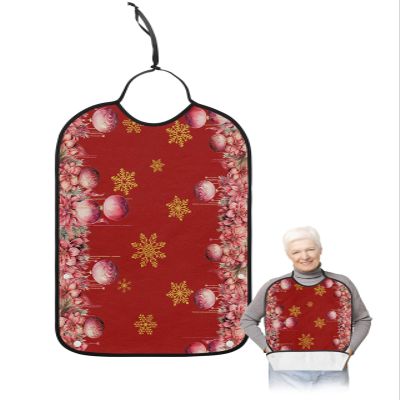 Adult Bibs for Elderly Women - Red Christmas Balls Waterproof Dining Clothing Protectors with Crumb Catcher for Eating/Feeding, Xmas Poinsettia Yellow Snowflake Terry Cloth Bib Machine Washable