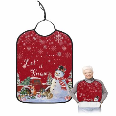 Adult Bibs for Elderly Women - Red Snowman Christmas Waterproof Dining Clothing Protectors with Crumb Catcher for Eating/Feeding, Xmas Tree Truck Winter Snowflake Terry Cloth Bib Machine Washable