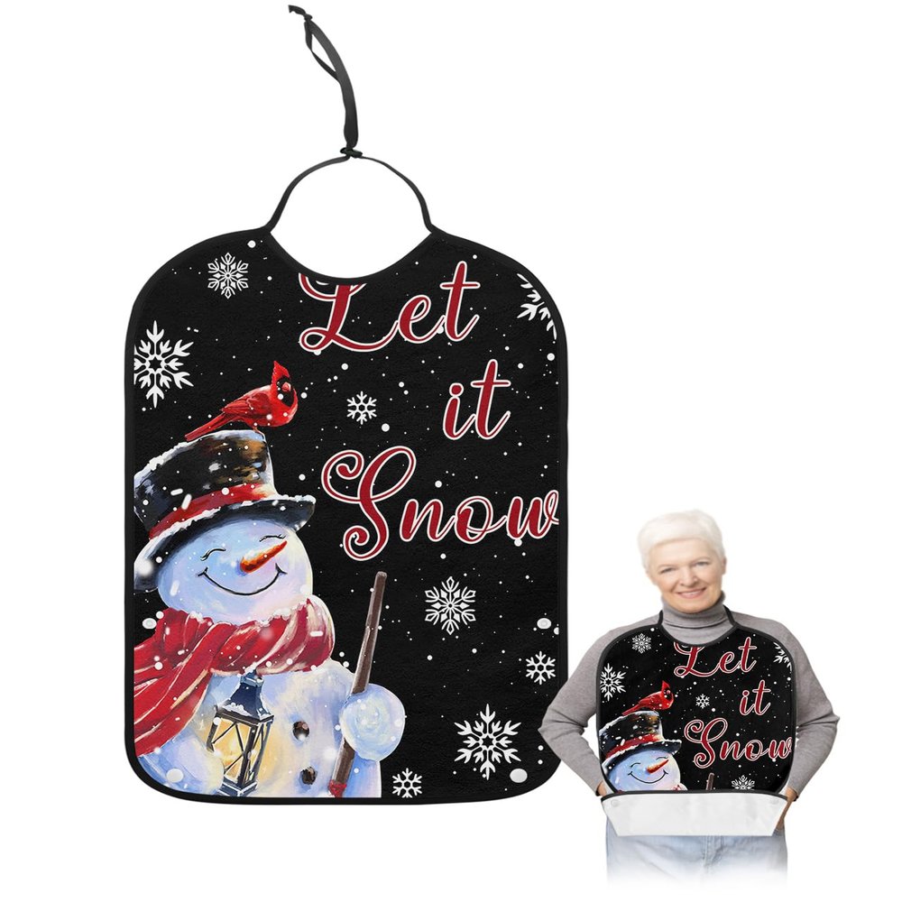Adult Bibs for Elderly Women - Black Snowman Christmas Waterproof Dining Clothing Protectors with Crumb Catcher for Eating/Feeding, Xmas Birds Winter Snowflake Terry Cloth Bib Machine Washable